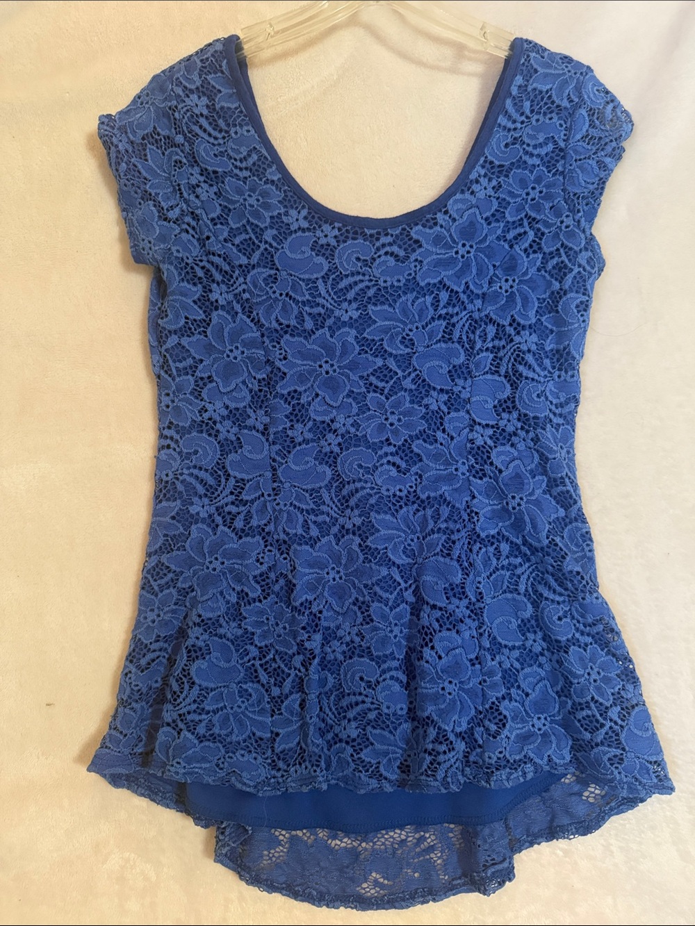 Lace Overlay Scoop Neck Top - Royal Blue